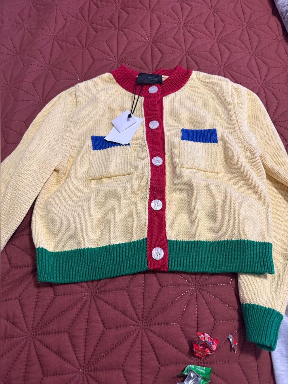 Zara Yellow Knit Cardigan with Red Trim, Green Hem & Blue Pocket Accents